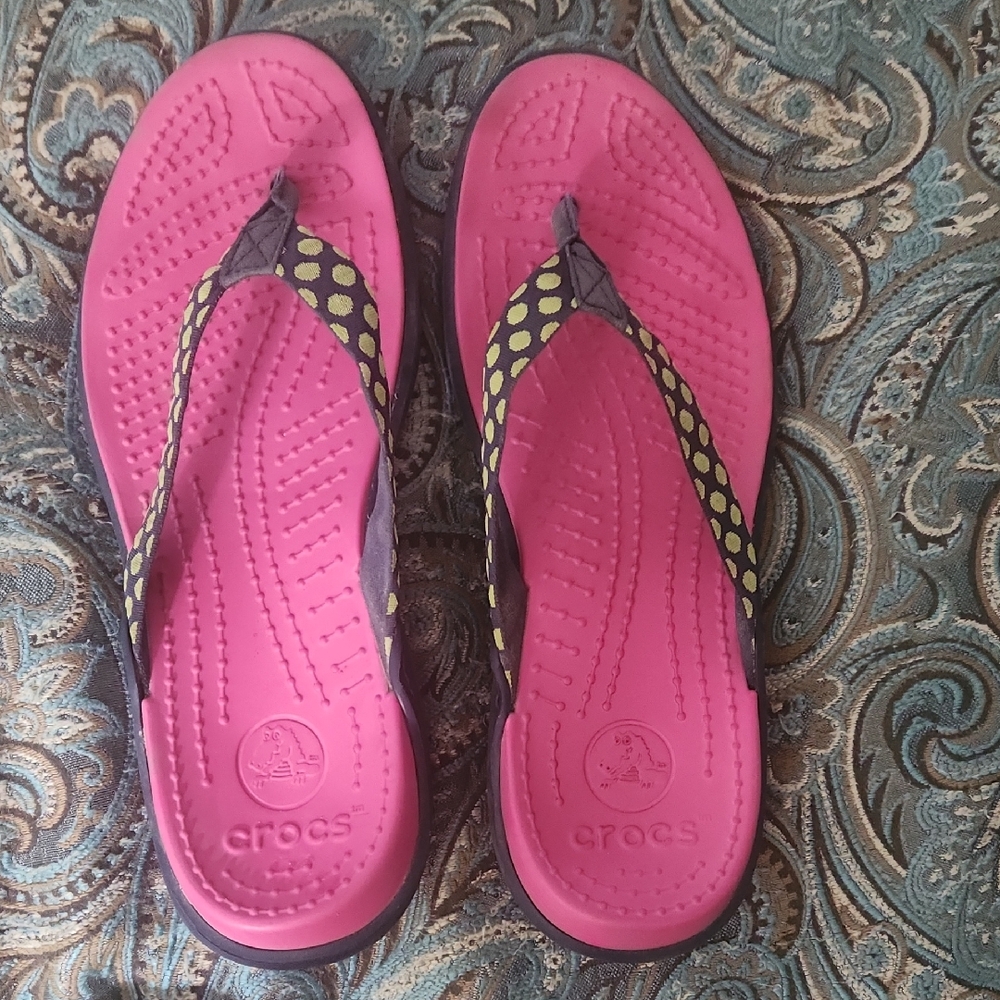 CROCS Pink and Black Sandals with Chevron Straps